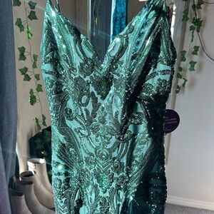 Hunter green floor length sequence gown